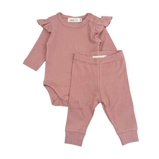 Karsynn Organic Cotton Ribbed Ruffle Romper + Leggings | Rose