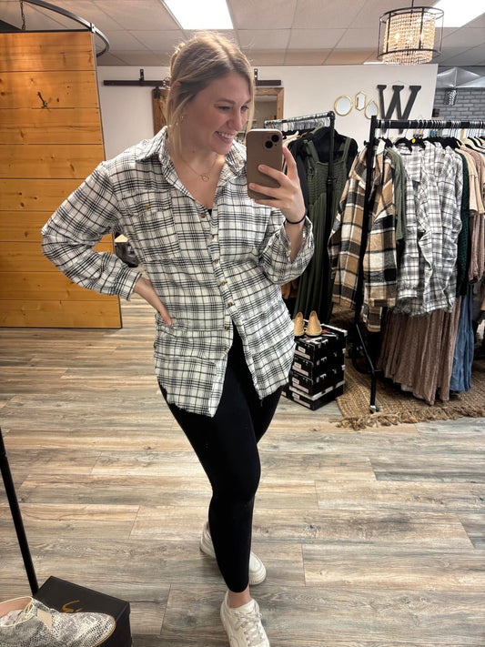 The Randi Raw Hem Oversized Flannel - White (C3)